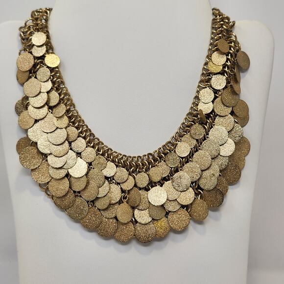 Glitter Disc Charm Statement Collar Necklace Gold Tone Dramatic Layered Chunky - Picture 1 of 6